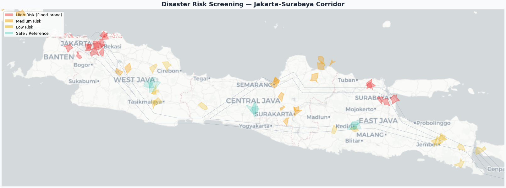 Multi-hazard risk screening map integrating flood, earthquake, and landslide hazard layers