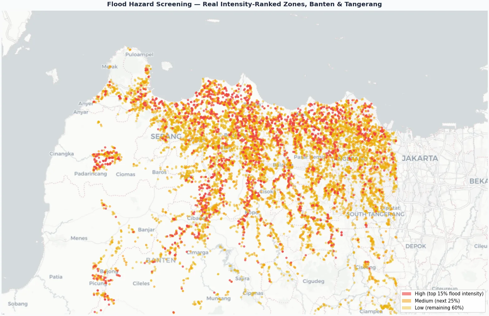 Flood hazard intensity map with data driven risk tiers across Banten and Tangerang