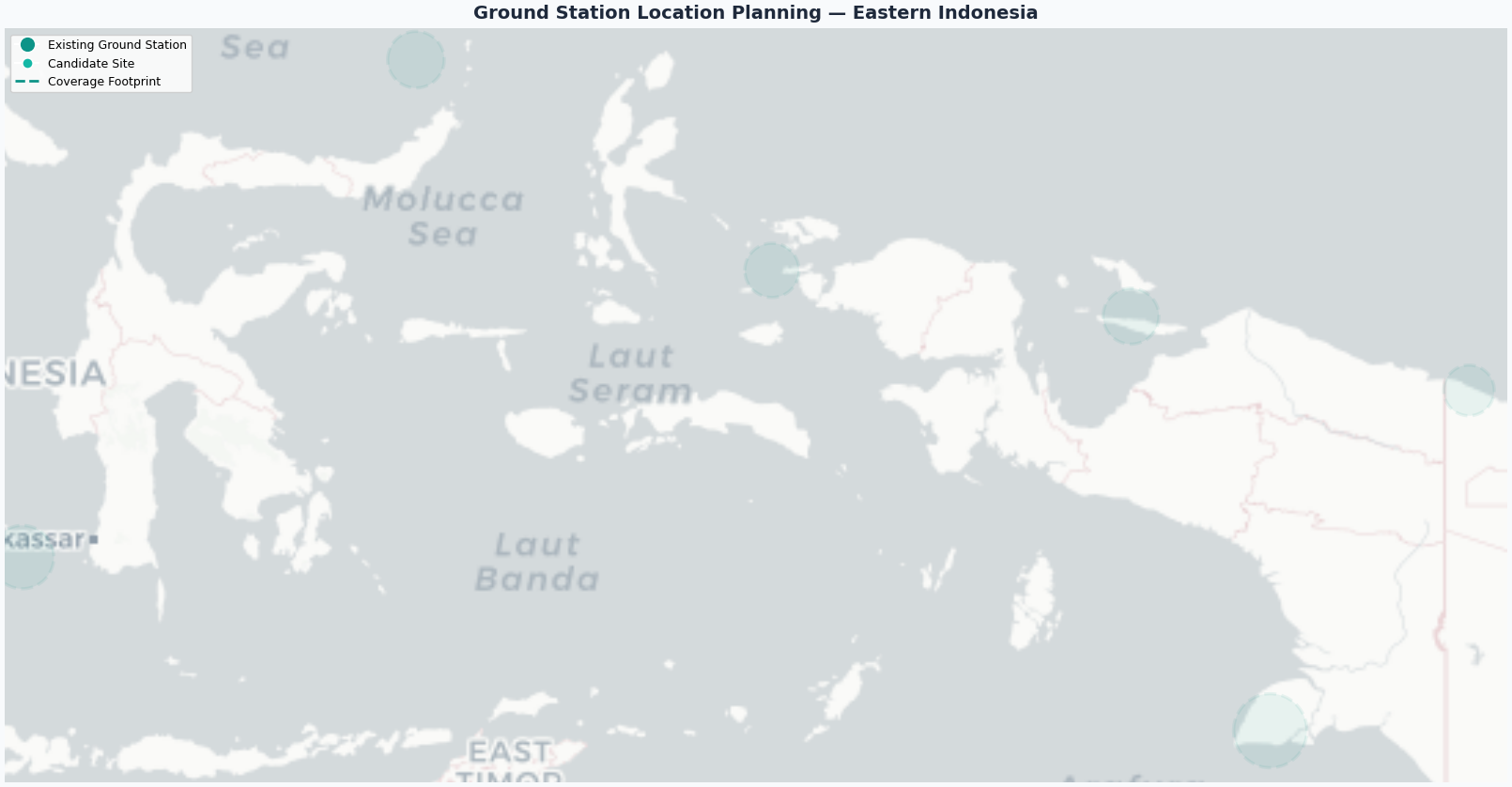 Ground station site selection map with flood hazard overlay, terrain analysis, and accessibility scoring