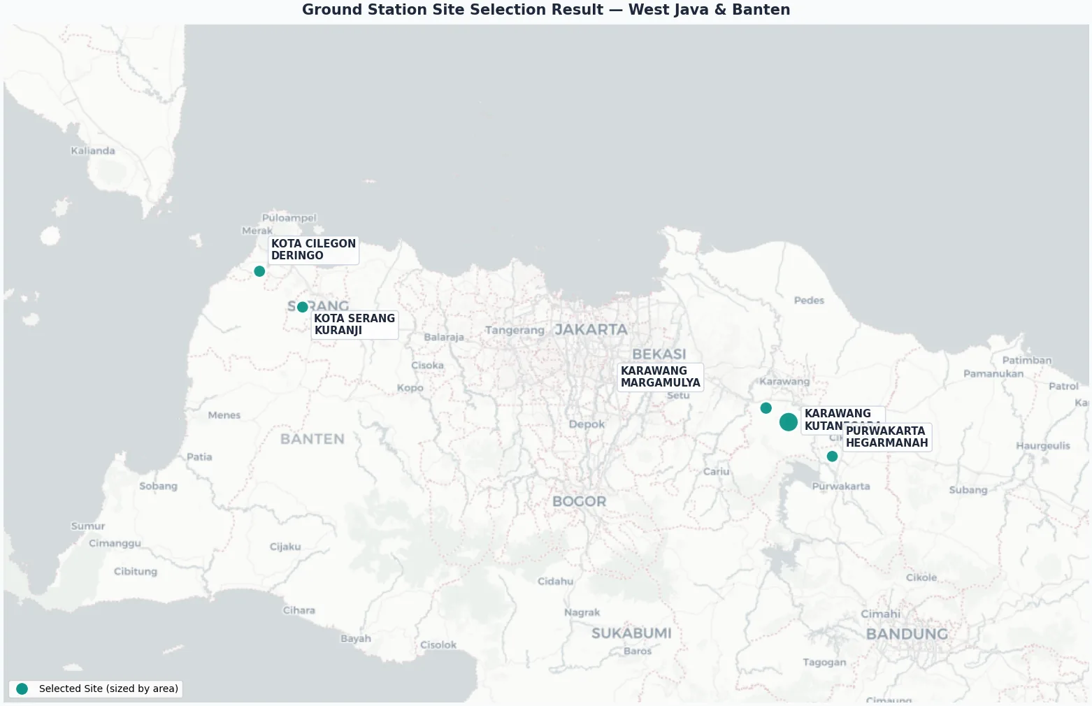 Map of the five selected ground station sites across West Java and Banten, labeled by city and village