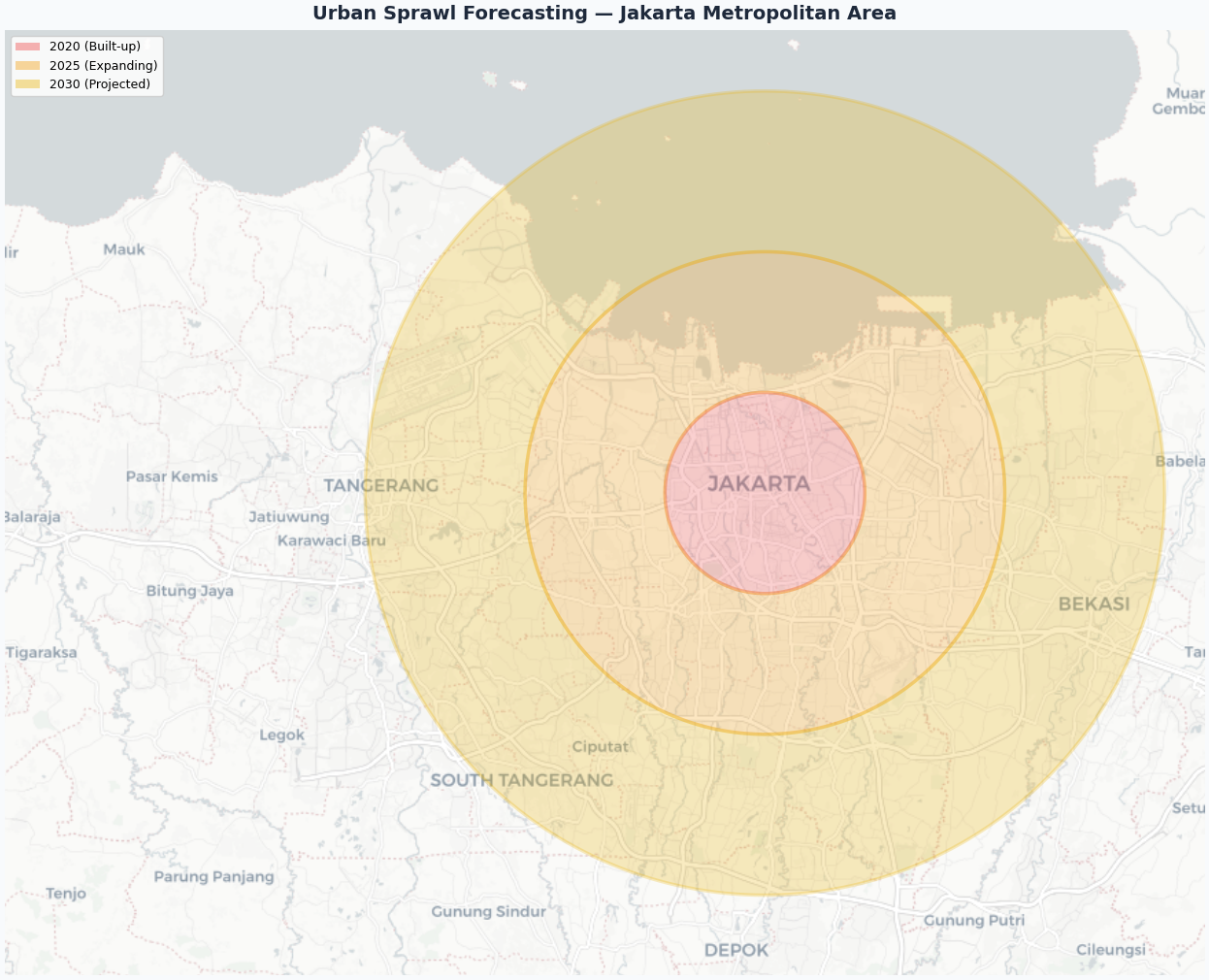 Urban sprawl forecast map showing projected expansion patterns and growth corridors