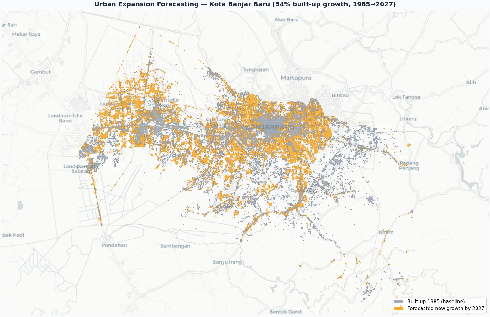 Land cover classification map showing built up area growth from 1985 to a 2027 forecast
