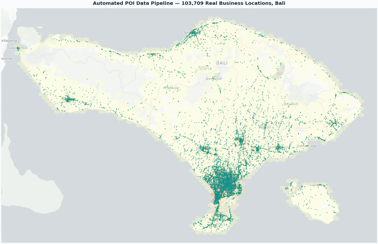 Density map of 103,709 processed business POI locations across Bali