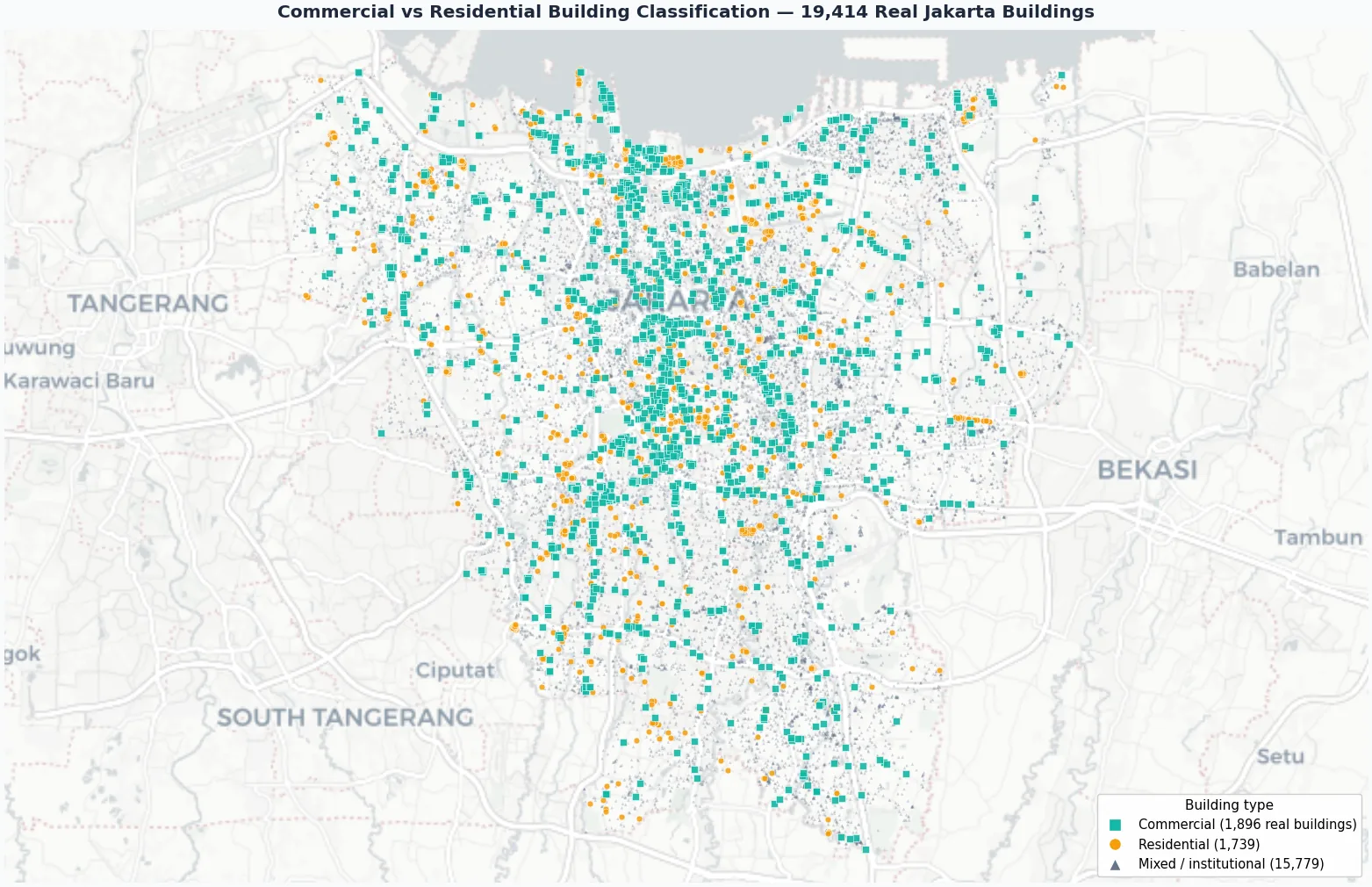 Map of 19,414 tagged Jakarta buildings classified as commercial, residential, or mixed