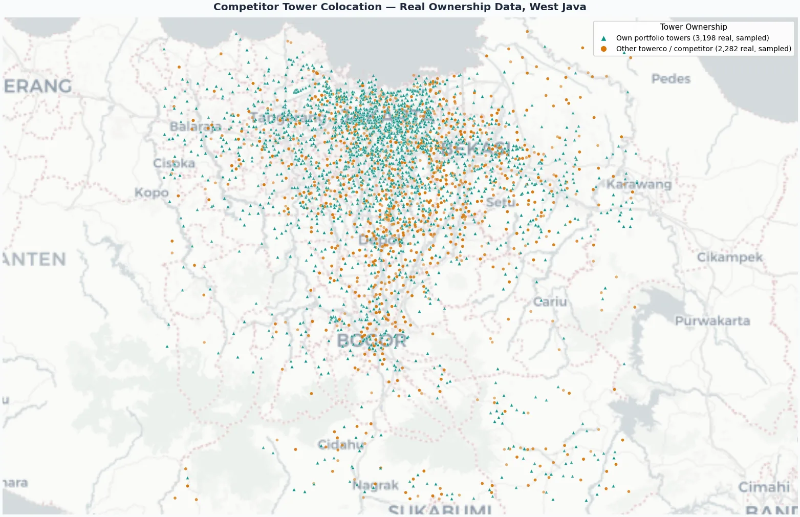 Map of 5,480 tower records across West Java showing own versus competitor ownership