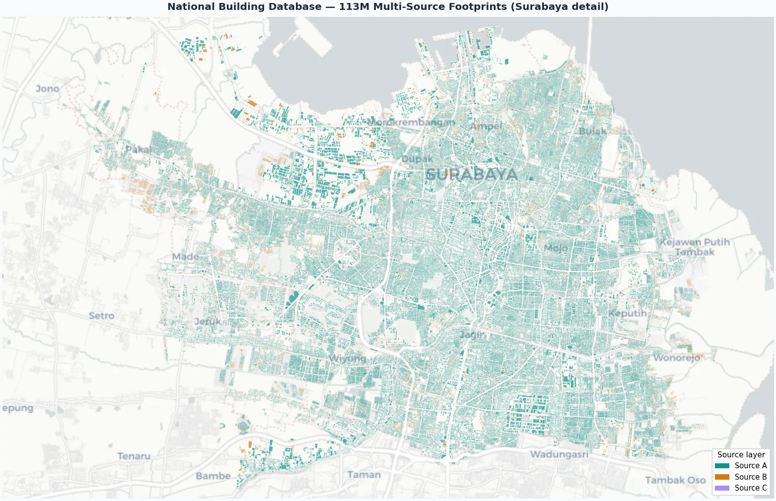 Dense multi source building footprints across Surabaya colored by data source