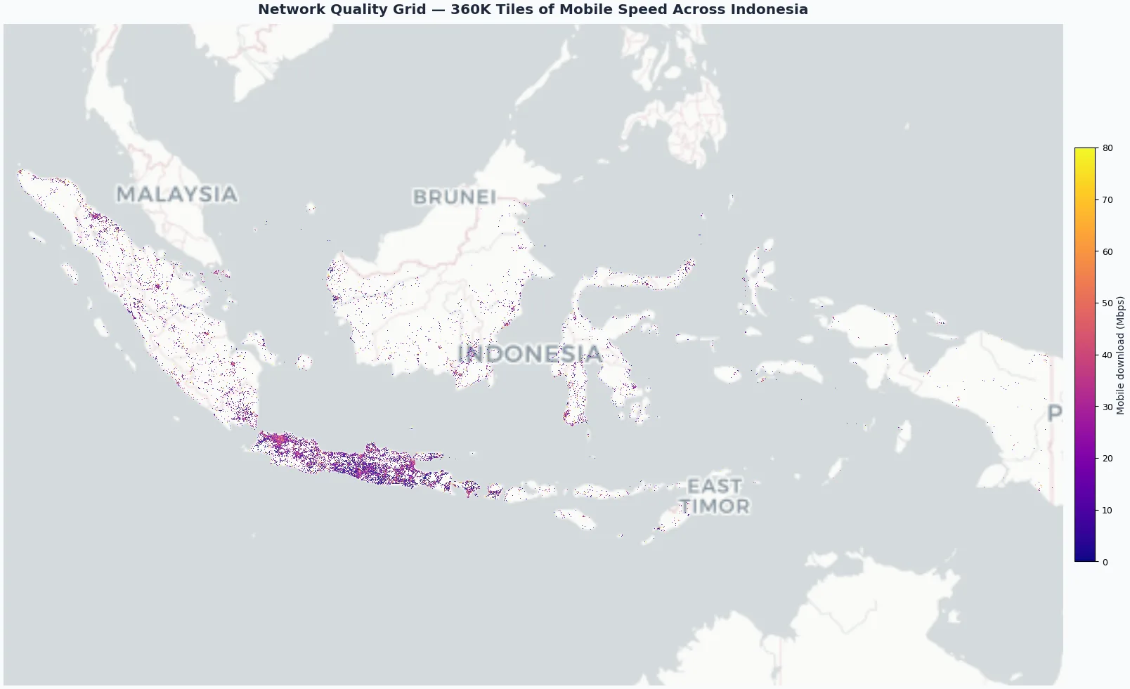 National choropleth of mobile download speed across 360,000 tiles in Indonesia