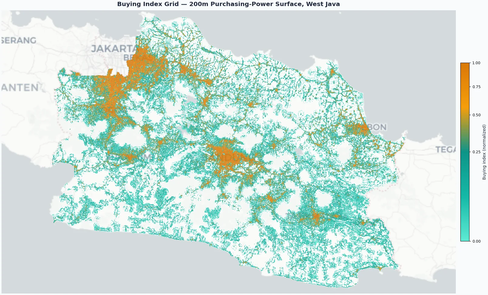 200 meter purchasing power grid over West Java, a sample from the nationwide dataset, with urban buying power hotspots