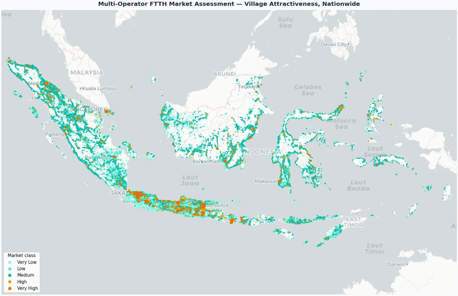 National village level FTTH market attractiveness map with high value clusters across Java