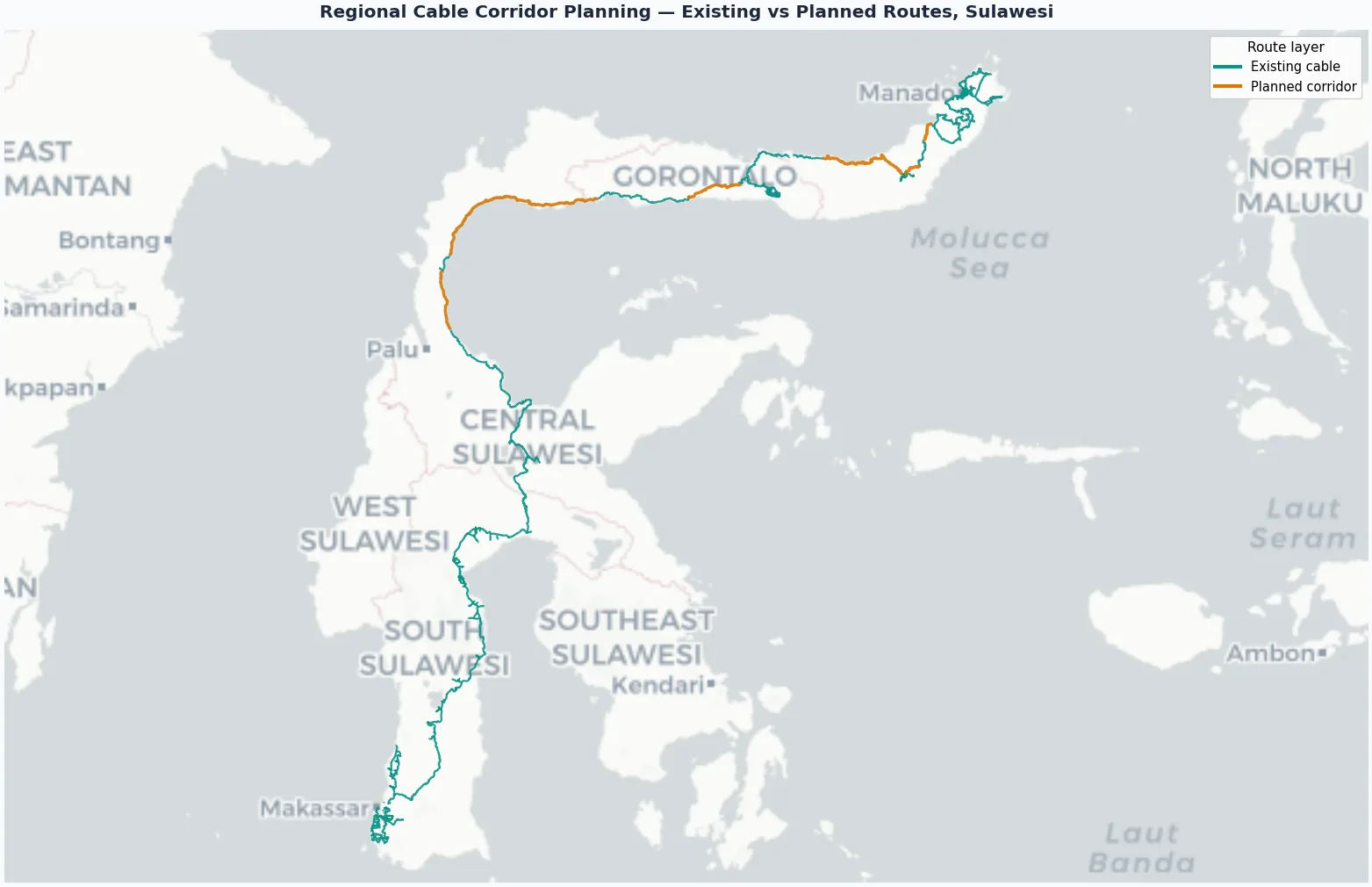 Map of existing and planned fiber cable corridors across Sulawesi
