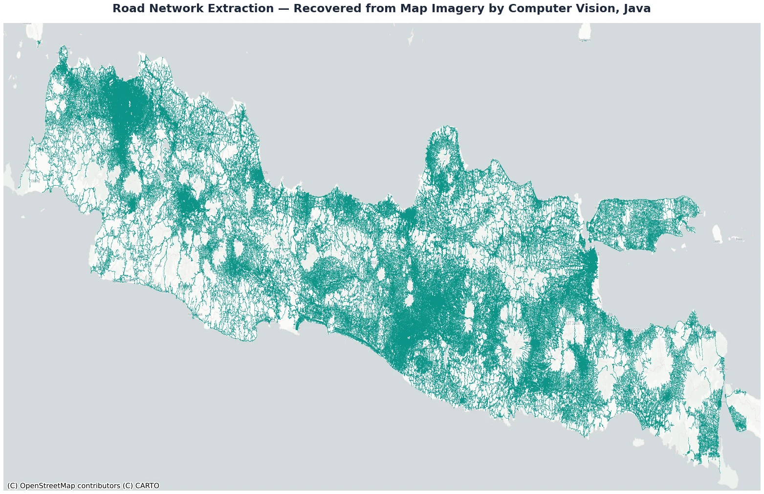 Java road network recovered as fine point coverage extracted from map imagery by computer vision